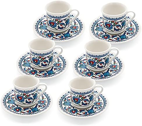 Turkish Coffee Cup Set of 6 with Saucers & Holder – Ceramic, Dishwasher-Safe, Keeps Warm – Patterned Turkish Espresso Cups Set for Home & Office (Set Of 6) by SANTAMARLA