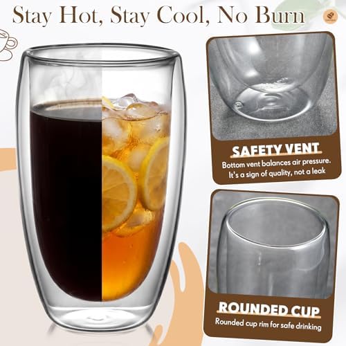 6 Pack 16oz Double Walled Glass Coffee Mugs, 450ml Large Borosilicate Insulated Clear Glass Cups for Latte Cappuccino Espresso Tea Matcha Hot or Cold Drinks - Image 3