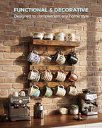 OROPY Coffee Mug Rack Wall Mounted, Rustic Wood Cups Rack, 12 Hooks & Shelf - Image 5