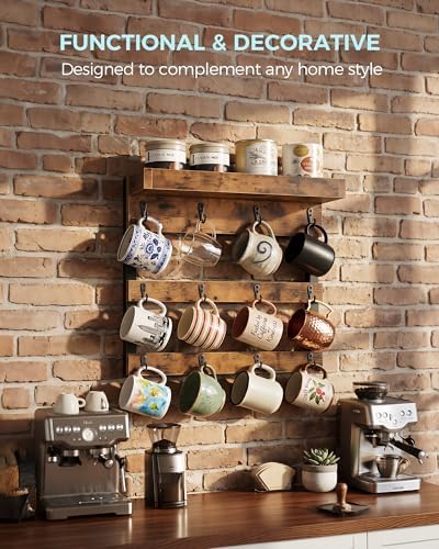 OROPY Coffee Mug Rack Wall Mounted, Rustic Wood Cups Rack, 12 Hooks & Shelf - Image 5