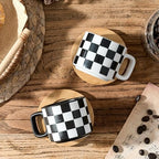LUKA Ceramic Stackable Black and White Checkered Espresso Cups with Saucers and Metal Stand, 4 Ounce Small Demitasse Cups Set for Coffee Drinks, Latte, Tea - Set of 4 - Image 5