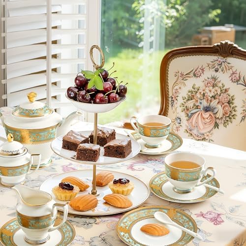 Luxury White & Gold Embossed Tea Cups and Saucers with Teapot, Sugar Bowl, & &Creamer, Vintage European Porcelain Coffee Set for Tea Party, Wedding, Gift (Teal, 17pcs/set) by Unknown