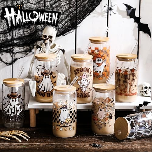 8 Pcs Halloween Ghost Glass Cups with Lids and Straws, 16 oz, Western - Image 2