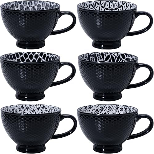 LEHAHA Coffee Mugs Set of 6, 14 Ounces footed Ceramic Mugs, Porcelain Black Coffee cups with handle for men women for Coffee, Tea, Cappuccino, Cocoa, Cereal, Black by LEHAHA