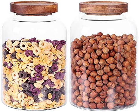 LEAVES AND TREES Y Thicken Glass Storage Jar, Food Storage Container/Canisters with Airtight Wooden Lid for Tea, Coffee, Honey, Cacao Powder,BPA Free Perfect as a Cereal Dispenser (7.6inch 2pcs) by LEAVES+AND+TREES+Y
