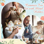 Zhehao 20 Pcs Porcelain Tea Set for Adult, with Metal Holder, Vivid - Image 4