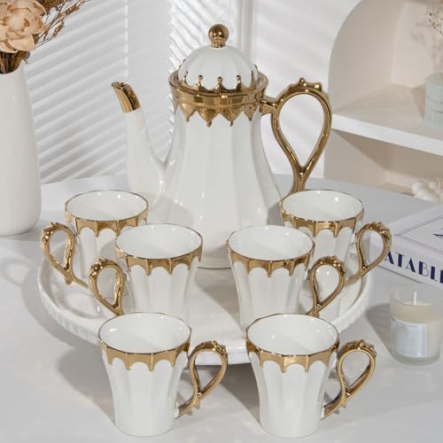 Elegant White and Gold Ceramic Tea Set with Teapot, 6 Cups, and Serving Tray (Po Guang Bai) - Image 5