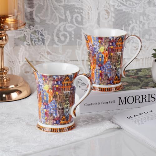 KAMMAK Bone China Coffee Mugs, 9.4oz Floral Tea Cups with Handle, Set of 2 - Image 6