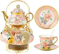 20 Pieces Porcelain Tea Set With Metal Holder, European Ceramic tea set for adults,Flower Tea Set,Tea Set For Women With Flower Painting (Large version, Pink) by TATSUMI