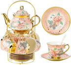 20 Pieces Porcelain Tea Set With Metal Holder, European Ceramic tea set for adults,Flower Tea Set,Tea Set For Women With Flower Painting (Large version, Pink) by TATSUMI