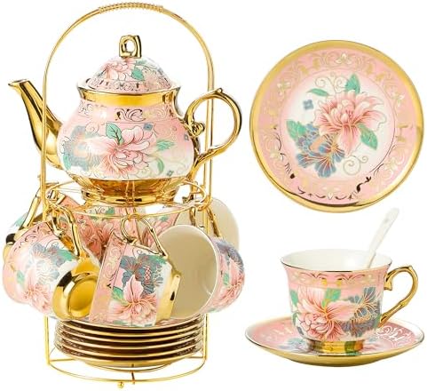 20 Pieces Porcelain Tea Set With Metal Holder, European Ceramic tea set for adults,Flower Tea Set,Tea Set For Women With Flower Painting (Large version, Pink) by TATSUMI