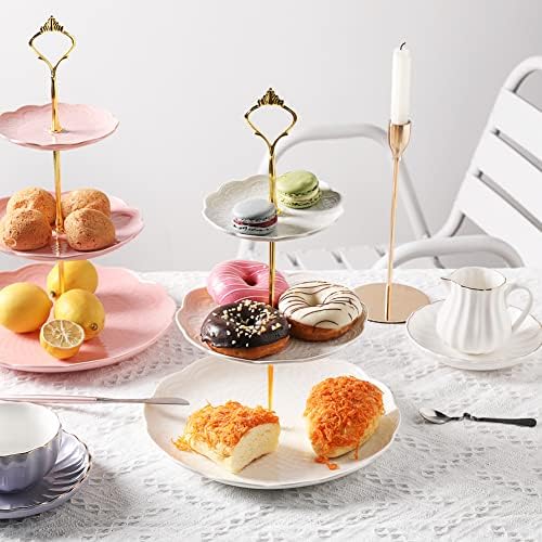 Sweejar 3 Tier Ceramic Cake Stand Wedding, Dessert Cupcake Stand for Tea Party Serving Platter(Rose White) - Image 2