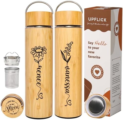 Custom Name Tea Infuser Bottle Bamboo Water Bottles Tea Tumbler with Infuser Minimalist Style Birth Month Flower by UPFLICK