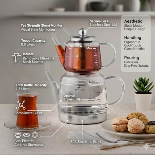 Unique Borosilicate Glass Teapot Set, 1.8L Total Capacity, Drip-Free Spouts - Image 5
