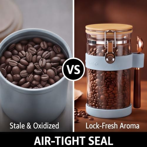uxcell Airtight Glass Canister with Bamboo Lid & Spoon, Glass Coffee Bean Storage Container 1200ml/40oz Kitchen Pantry Sealed Freshness for Grounds Tea Cereal Sugar, Blue - Image 2