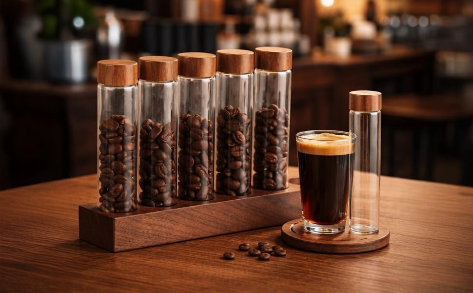 6-Hole Coffee Bean Storage Stand, Walnut Base with Glass Tubes, Single Dose Espresso Bean Cellars, 0.6-0.7 oz Capacity, Professional Display Containers - Image 2