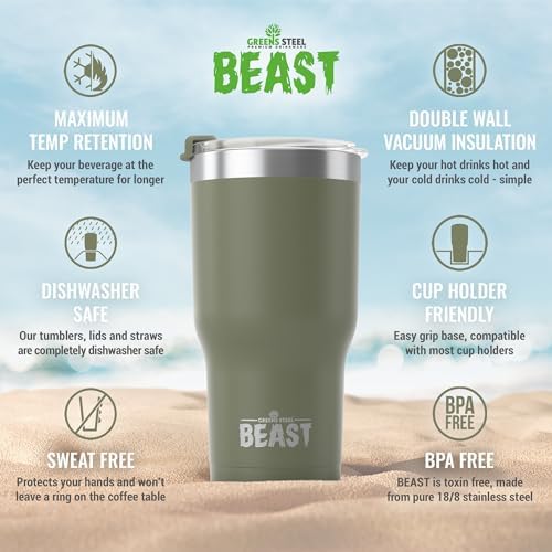 Beast 30 oz Tumbler Stainless Steel Vacuum Insulated Coffee Ice Cup Double Wall Travel Flask (Army Green) - Image 6