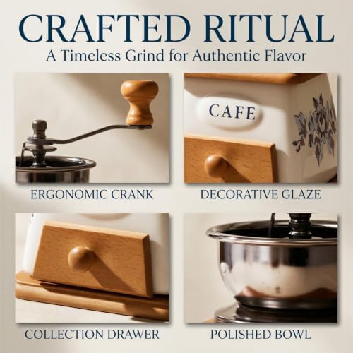 Manual Vintage Ceramic Burr Coffee Grinder with Wooden Base and Drawer, Stainless Steel Bowl, Floral Cafe Pattern, Hand Crank Mini Coffee Grinder for Home Kitchen, Travel, Office - Image 2