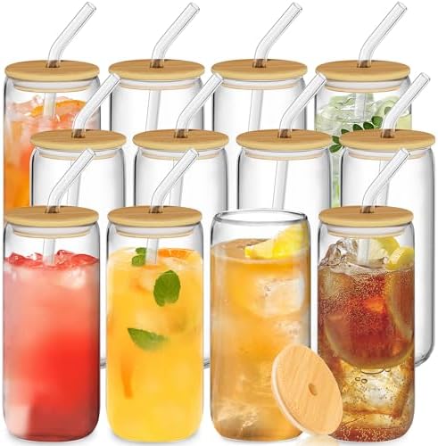 12Pcs Glass Cups with Bamboo Lids and Straws, 20oz Can Shaped Glass Tumbler by Unknown