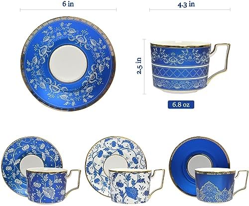ACMLIFE Bone China Tea Cups and Saucers Set of 4, 6.8 oz Blue and White Tea Cups Set of 4, with Gold Trim and Gift Box (Blue-4) - Image 6