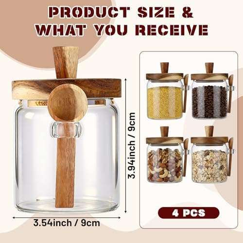 Remerry Set of 4 Glass Jar with Wooden Lid and Spoon, 13.5 oz Coffee Bean Tea Sugar Jar Set, Clear Airtight Spice Canisters Glass Food Storage Kitchen Containers for Coffee Bean Tea Sugar - Image 2