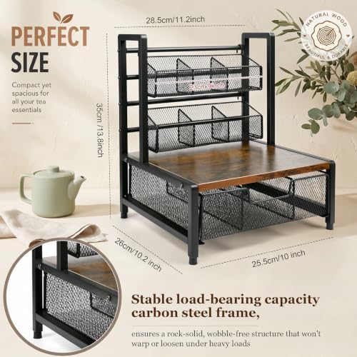 3 Tier Coffee Station Organizer with Drawer and Hanging Baskets, Wood & Metal Large Capcity Coffee Bar Organizer for K Cups, Coffee Pods, Tea Bags, Sugar Packets, Countertop Storage Rack - Image 3