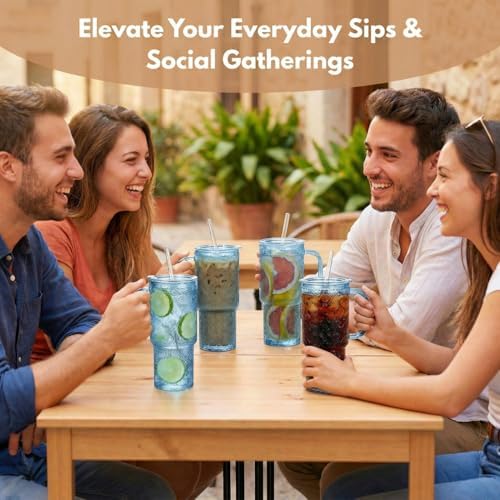 20 oz Blue Glass Tumbler with Lid and Straw, Glass Iced Coffee Cups, Spill-proof Glasses Tumbler with Handle, Hobnail Glasses Drinking Set of 4, Vintage Glassware for Cocktail, Smoothies - Image 7