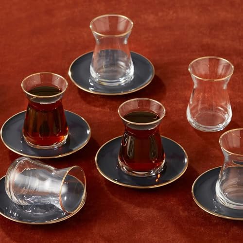 KARACA Turkish Tea Glasses Set for 6, 12-Piece Retro Anthracite Tea Set with Gold Trim, Traditional Turkish Tea Cups, Clear Glass Serving Set for Home & Entertaining - Image 2