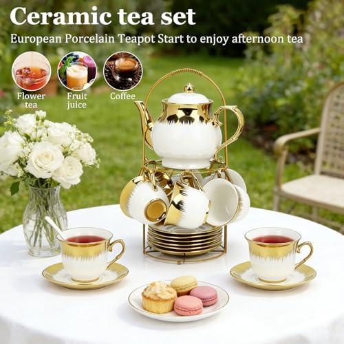 20 Pcs Porcelain Tea Set with Metal Holder and Spoon, European Ceramic Tea Set for Adults, European Flower Painting Teapot Cup Saucer Spoon Set for 6, 1000ML Gift Pack(White) - Image 2