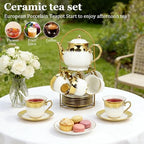 20 Pcs Porcelain Tea Set with Metal Holder and Spoon, European Ceramic Tea Set for Adults, European Flower Painting Teapot Cup Saucer Spoon Set for 6, 1000ML Gift Pack(White) - Image 2