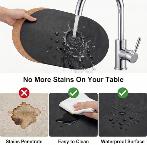 Premium Oval Faux Leather Placemat & Coaster Set with Innovative Cork-Look Printed Base，4/6/8-Piece Sets & 8 Colors，Non-Slip Dining Table Mats for Kitchen Dining - Image 3