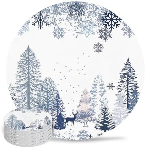 Winter Forest Coasters for Drinks, Set of 86 Natural Pine Trees Snowflakes Deer Blue Absorbent Ceramic Coaster with Cork Base Decor for Wooden Table & Bar, Housewarming Gift Home Decor by TSRSUNFLOWER