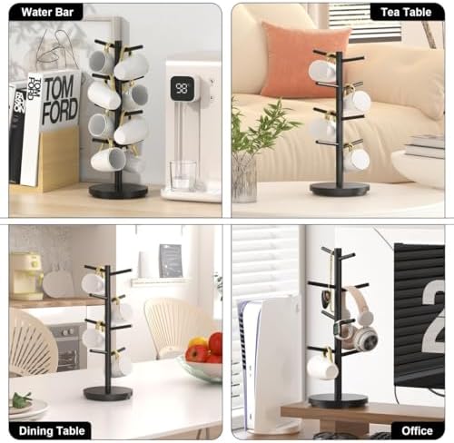 Cup Rack Coffee Mug Tree Bamboo Countertop Organizer Stand with 8 Hooks Organizer - Image 6