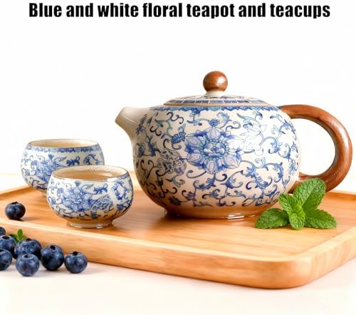 Floral Tea Pot & Tea Cup Set, Blue and White Porcelain, 7.5 oz - Image 2
