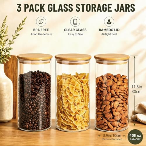 3 Pack 1200 ML / 40 FL Oz Glass Storage Container with Wood Lid, Stackable Clear Decorative Organizer Bottle Canister Pantry Jar with Air Tight Wooden Lid for Food, Coffee, Candy, Sugar, Salt, Tea - Image 2