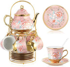 Zhehao 20 Pcs Porcelain Tea Set for Adult, with Metal Holder, Pink by Zhehao