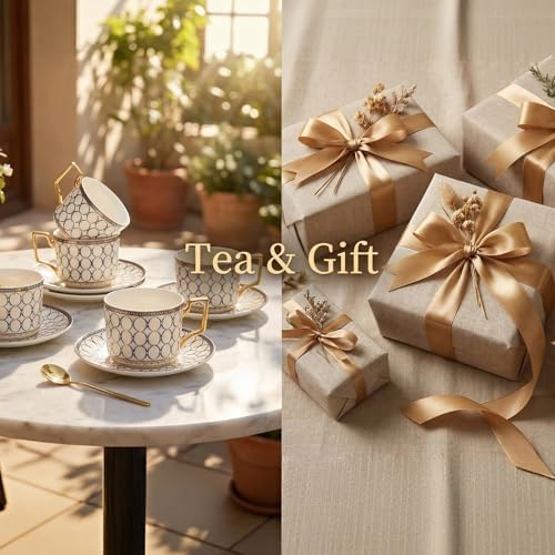 CwlwGO-European Bone China Tea Cup Sets, Blue and White Porcelain Tea Cups and Saucers Service for 4,Tea Sets For Women Party or Gifts Giving. - Image 6