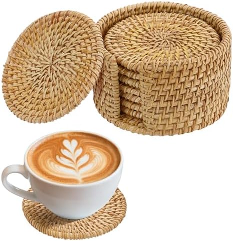 Handmade Rattan Coasters Set of 8 with Holder, Farmhouse Home Decor by ANPHSIN