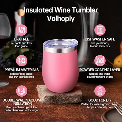Volhoply 12oz Stainless Steel Wine Tumbler with Lid Bulk 12 Pack,Double Wall Vacuum Stemless Wine Glasses,Reusable Metal Travel Coffe Mug with Straw,Insulated Cups Gifts for Christmas（Pink,12 Set） - Image 3