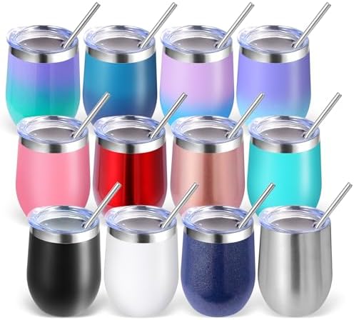 Volhoply 12oz Stainless Steel Wine Tumbler with Lid Bulk 12 Pack,Double Wall Vacuum Stemless Wine Glasses,Reusable Metal Travel Coffe Mug with Straw,Insulated Cups Gifts for Christmas（Assorted,12 Set） by LiveFully%EF%BC%8CDrinkFreely%E2%80%94KeepGoingwithVolhoply%EF%BC%81