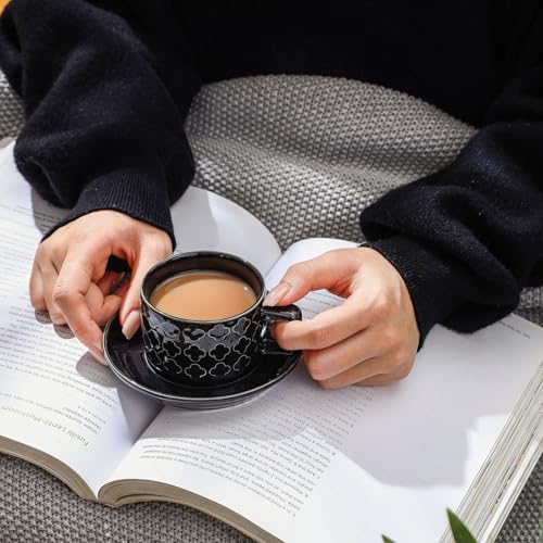 4oz Ceramic Espresso Cups Set of 4, with Stand and Saucers, Black - Image 5