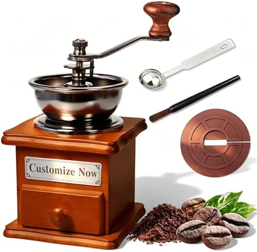 Customizable Wooden Manual Coffee Grinder Set Hand Crank Mill with Removable Bin Dust Cover & Scoop Personalized Nameplate Gift for Camping, Home, Travel by Unknown