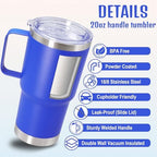 20 oz Tumbler with Handle and Lid Insulated Travel Coffee Mug DarkBlue 6P - Image 3