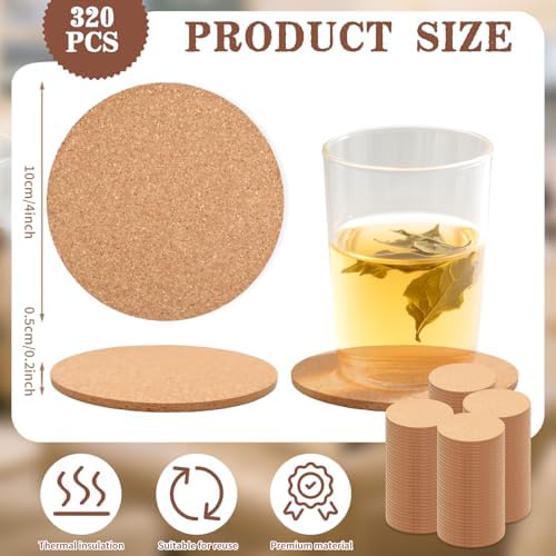 320 Pcs Cork Coasters Bulk 4 Inch Absorbent Cork Coasters DIY Blank Trivets for Dishes,Wine Glass,Kitchen,Office, Home Bar - Image 2