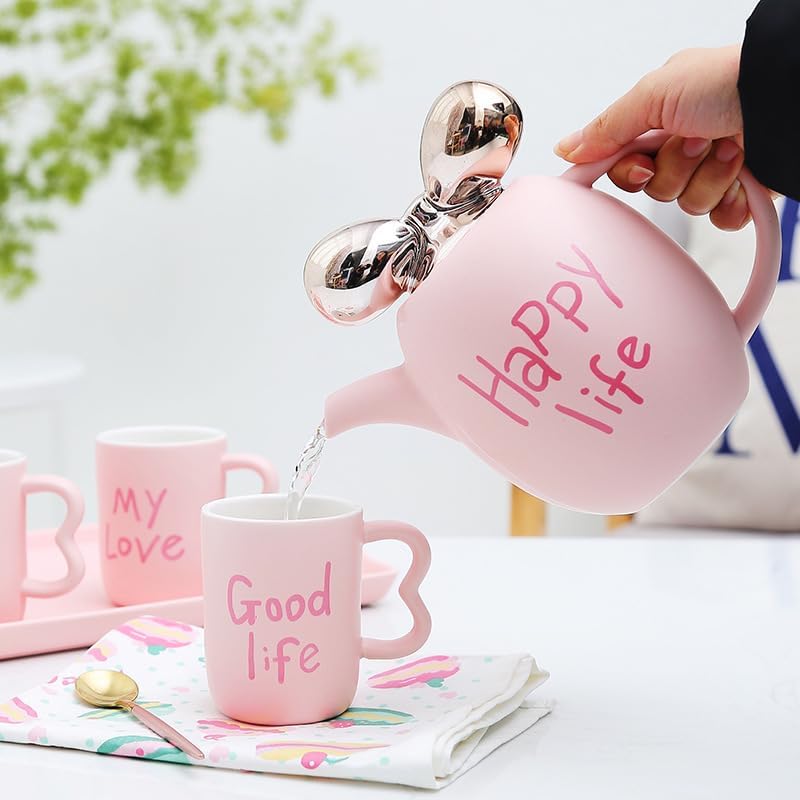 Water Pitcher Ceramic Water Set Tea Set Living Room Water Cup Coffee Cup Home Cup Set new Elegant Tea Set Water Jug(Pink) - Image 6