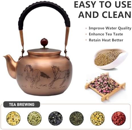44oz SECHUDO Exquisite Pure Copper Tea Kettle without Coating, Copper Teapot with Tea Ball for Loose Leaf, Japanese Style Classic Tea Pot for Stovetop Safe, Horse Pattern(1300ml) - Image 3