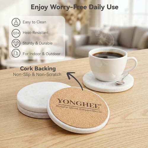 Pure White Marble Coasters Set of 6, Elegant ICY Crystal Coasters for Coffee Table, 4" Round Polished White Stone Coaster with Sparkling Texture – Heat Resistant, Non-Slip, Housewarming Gift - Image 5