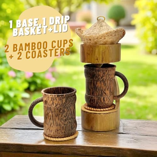 Bamboo Coffee Drip Set, 4" Basket with Lid + 2 Cups and 2 coasters + Bamboo Design Drip Base, Eco-Friendly Pour-Over Coffee Kit, Sustainable Brewing Accessories - Image 2