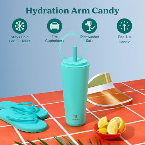 REDUCE Halo 32 oz Stainless Steel Vacuum Insulated Tumbler - Spill Proof Travel Mug with Flip Handle Lid - Keeps Drinks Cold for 32 Hrs - Dishwasher Safe - Cupholder Friendly - Ocean Breeze - Image 2