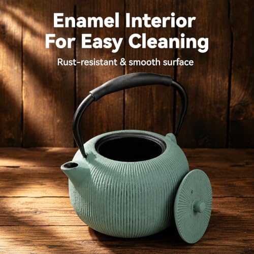 Cast Iron Teapot Set with 2 Cups, 34 oz (1000 ml) Japanese Tea Pot with Infuser for Loose Leaf Tea, Enamel Interior, Stovetop Compatible, Complete Tea Gift Set for Tea Lovers, Green - Image 2